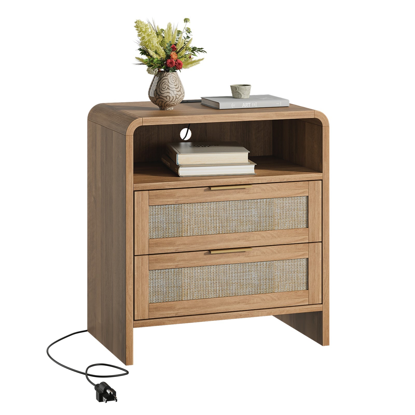 Rattan Nightstand with Charging Station, 2 Drawers & Open Shelf, 22.8' Wide Curved Wooden Bedside Table, Modern Storage for Bedroom, Caramel Oak - 1st Choice Furniture Direct