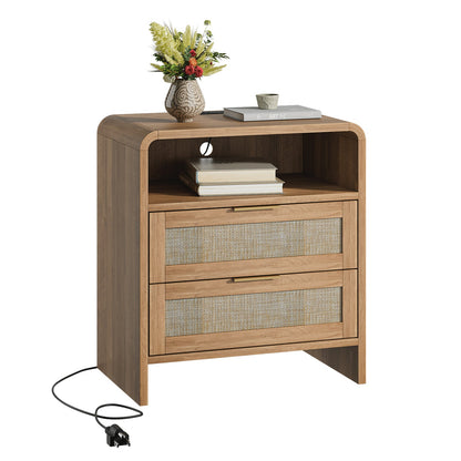 Rattan Nightstand with Charging Station, 2 Drawers & Open Shelf, 22.8' Wide Curved Wooden Bedside Table, Modern Storage for Bedroom, Caramel Oak - 1st Choice Furniture Direct