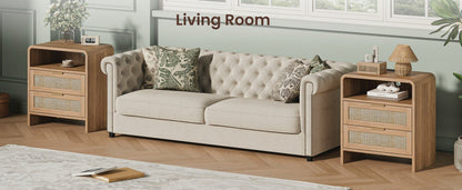 Rattan Nightstand with Charging Station, 2 Drawers & Open Shelf, 22.8' Wide Curved Wooden Bedside Table, Modern Storage for Bedroom, Caramel Oak - 1st Choice Furniture Direct