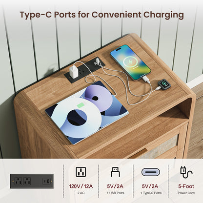 Rattan Nightstand with Charging Station, 2 Drawers & Open Shelf, 22.8' Wide Curved Wooden Bedside Table, Modern Storage for Bedroom, Caramel Oak - 1st Choice Furniture Direct