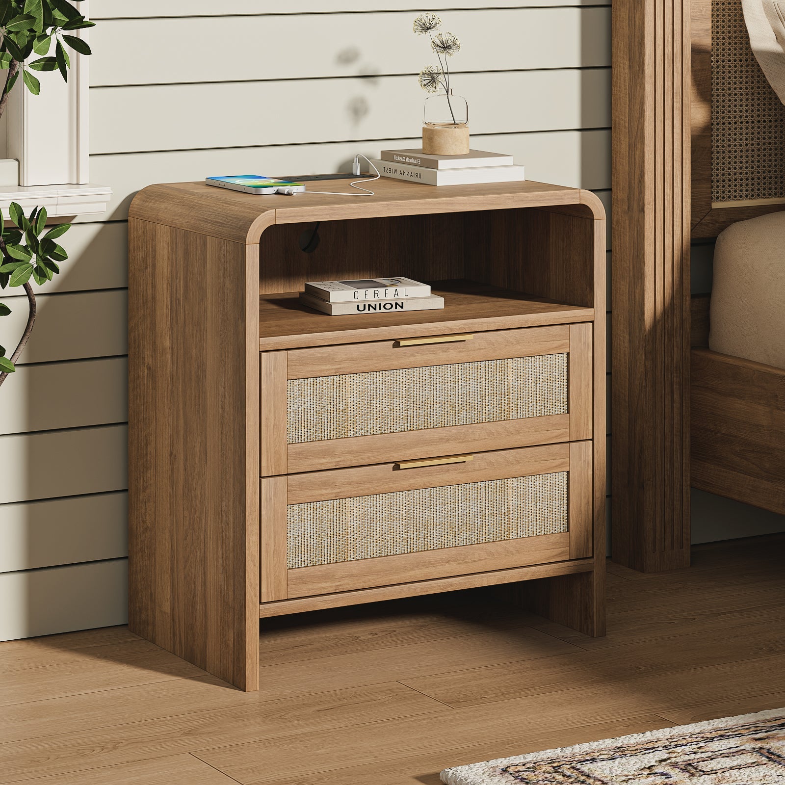 Rattan Nightstand with Charging Station, 2 Drawers & Open Shelf, 22.8' Wide Curved Wooden Bedside Table, Modern Storage for Bedroom, Caramel Oak - 1st Choice Furniture Direct