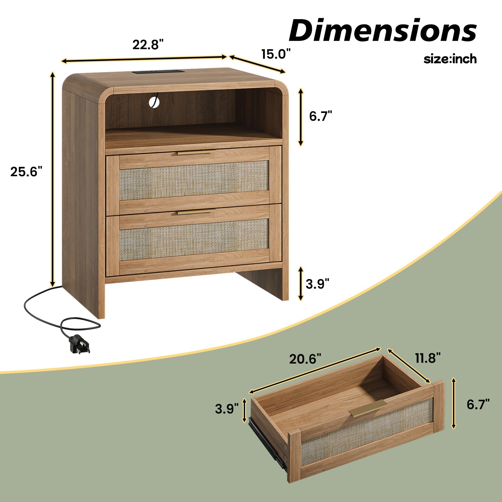 Rattan Nightstand with Charging Station, 2 Drawers & Open Shelf, 22.8' Wide Curved Wooden Bedside Table, Modern Storage for Bedroom, Caramel Oak - 1st Choice Furniture Direct