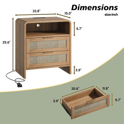 Rattan Nightstand with Charging Station, 2 Drawers & Open Shelf, 22.8' Wide Curved Wooden Bedside Table, Modern Storage for Bedroom, Caramel Oak - 1st Choice Furniture Direct