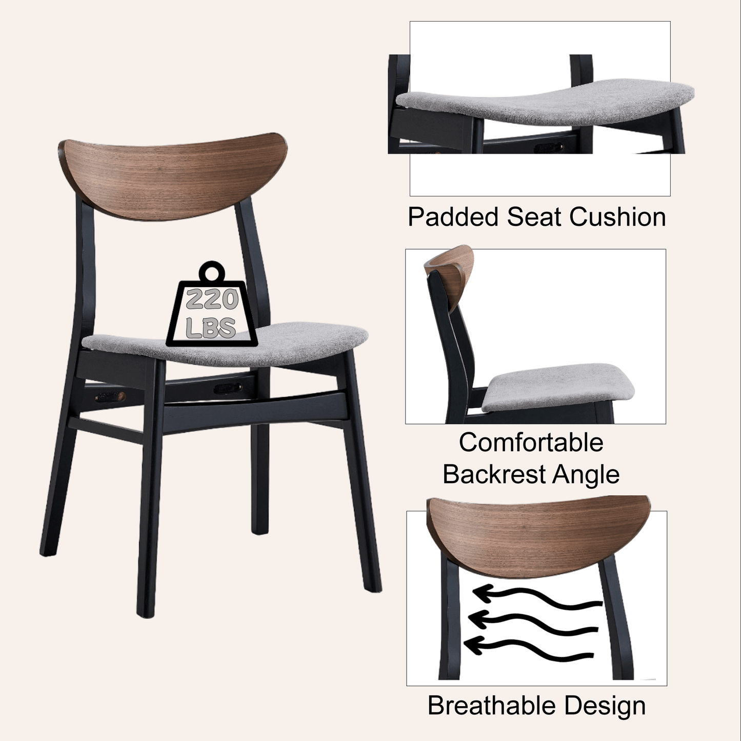 Rebi Gray Linen, Walnut & Black Finish Side Chair (Set of 2) - 1st Choice Furniture Direct