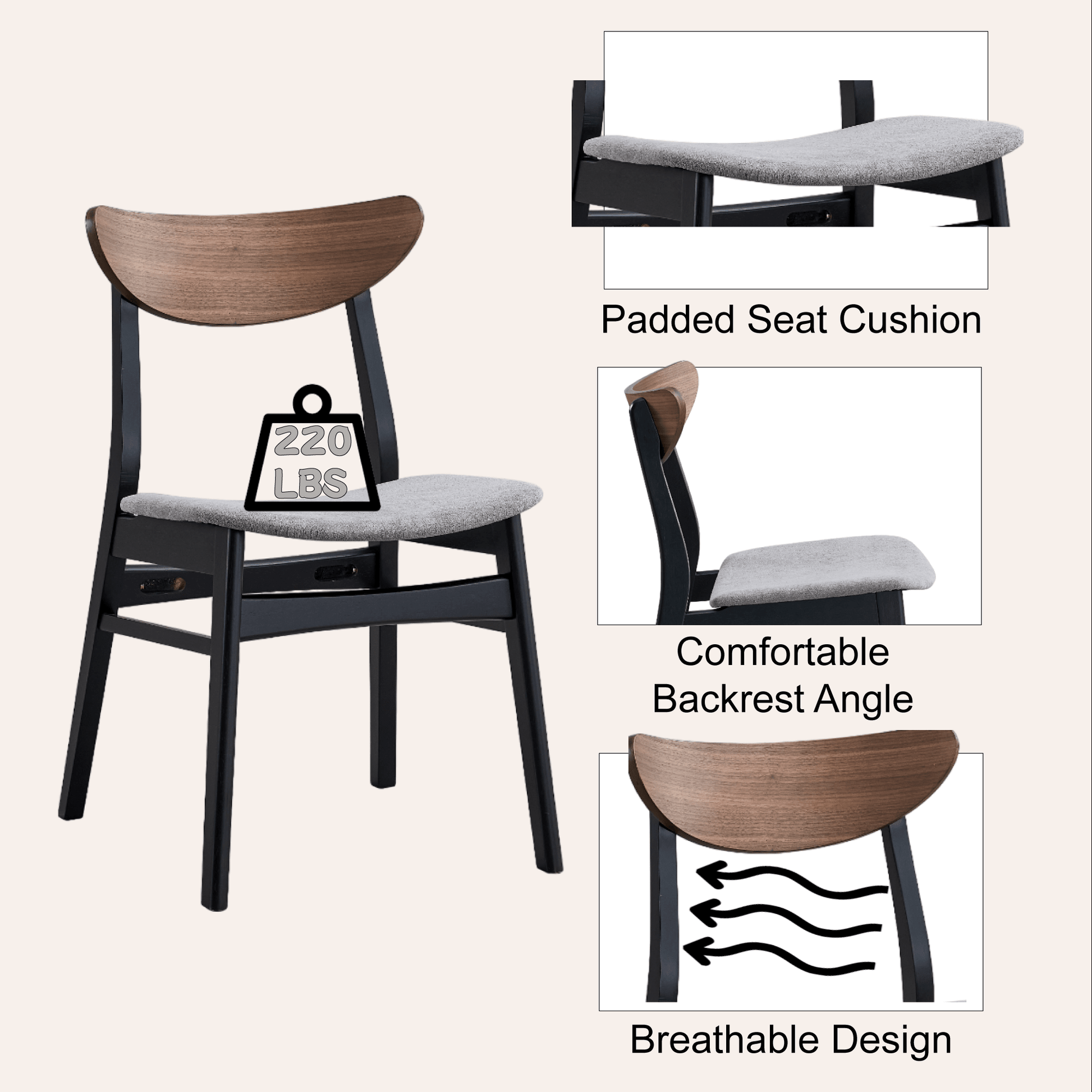 Rebi Gray Linen, Walnut & Black Finish Side Chair (Set of 2) - 1st Choice Furniture Direct