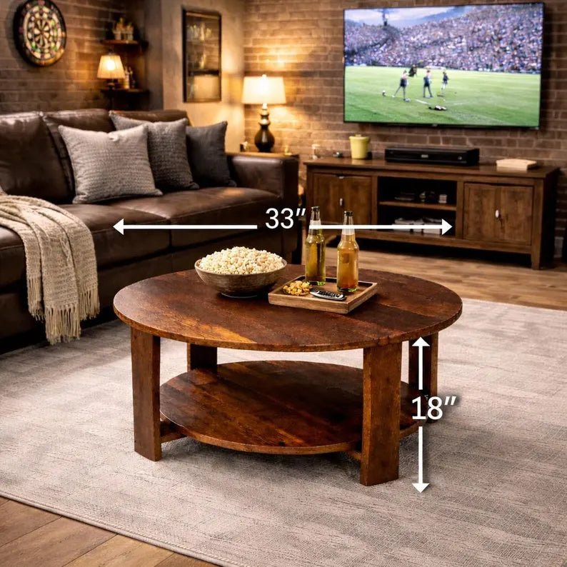 Reclaimed Barn Wood Round Coffee Table – 33” Rustic Farmhouse Table w/ Shelf – Solid Wood Living Room Table – Handmade Amish Built Table - 1st Choice Furniture Direct