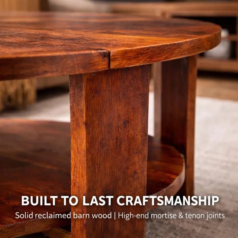 Reclaimed Barn Wood Round Coffee Table – 33” Rustic Farmhouse Table w/ Shelf – Solid Wood Living Room Table – Handmade Amish Built Table - 1st Choice Furniture Direct