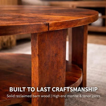Reclaimed Barn Wood Round Coffee Table – 33” Rustic Farmhouse Table w/ Shelf – Solid Wood Living Room Table – Handmade Amish Built Table - 1st Choice Furniture Direct