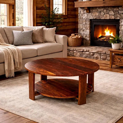 Reclaimed Barn Wood Round Coffee Table – 33” Rustic Farmhouse Table w/ Shelf – Solid Wood Living Room Table – Handmade Amish Built Table - 1st Choice Furniture Direct