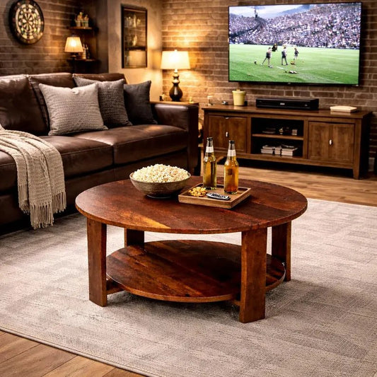 Reclaimed Barn Wood Round Coffee Table – 33” Rustic Farmhouse Table w/ Shelf – Solid Wood Living Room Table – Handmade Amish Built Table - 1st Choice Furniture Direct