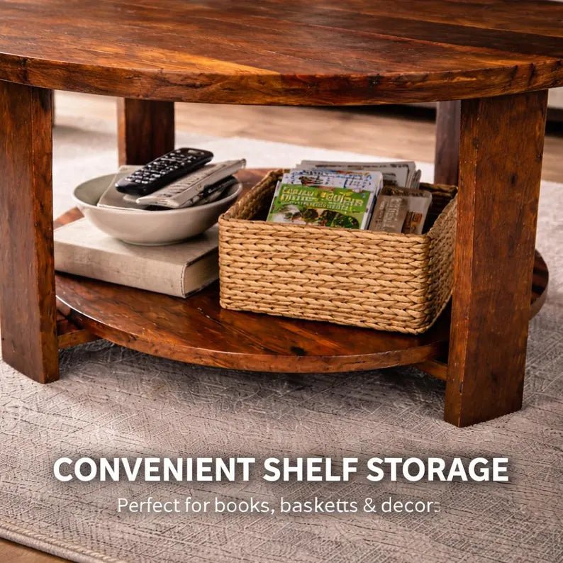 Reclaimed Barn Wood Round Coffee Table – 33” Rustic Farmhouse Table w/ Shelf – Solid Wood Living Room Table – Handmade Amish Built Table - 1st Choice Furniture Direct