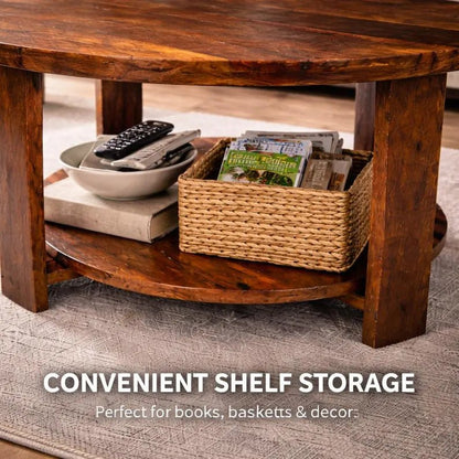 Reclaimed Barn Wood Round Coffee Table – 33” Rustic Farmhouse Table w/ Shelf – Solid Wood Living Room Table – Handmade Amish Built Table - 1st Choice Furniture Direct
