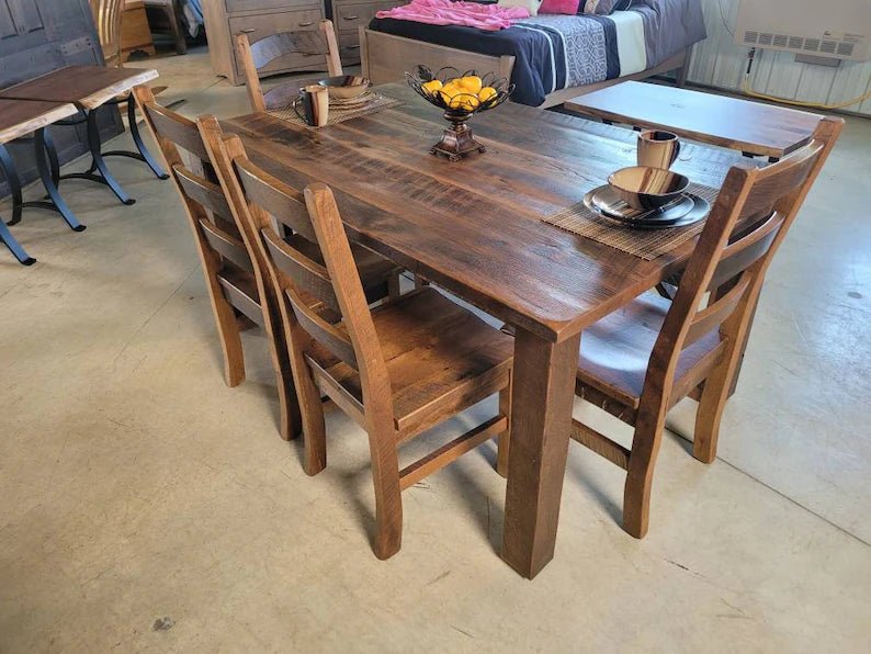 Reclaimed Barnwood Dining Table Set – Amish Oak Table with Chairs & Bench - 1st Choice Furniture Direct