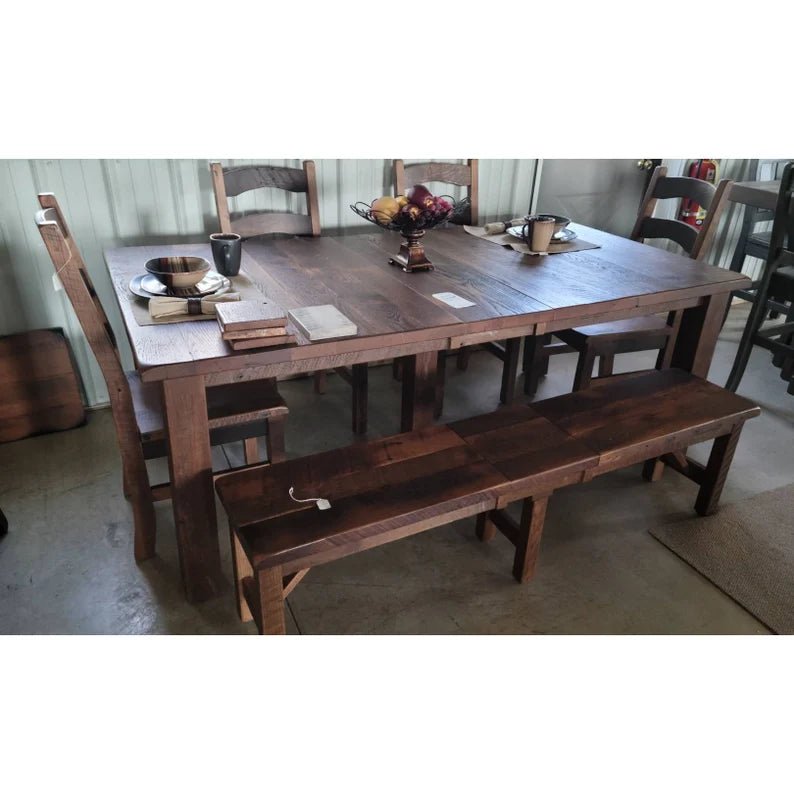 Reclaimed Barnwood Dining Table Set with Leaves – Amish Oak Table, Chairs & Bench - 1st Choice Furniture Direct