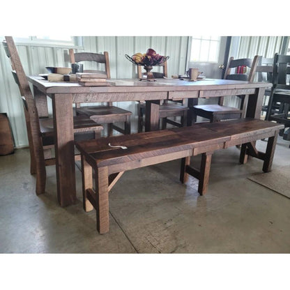 Reclaimed Barnwood Dining Table Set with Leaves – Amish Oak Table, Chairs & Bench - 1st Choice Furniture Direct