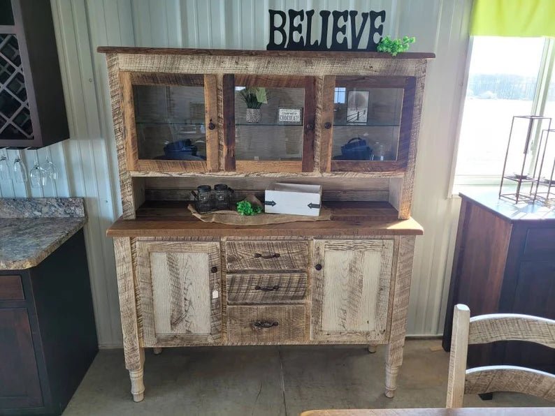 Reclaimed Barnwood Hutch Cabinet – Amish Solid Oak Rustic Storage Hutch - 1st Choice Furniture Direct