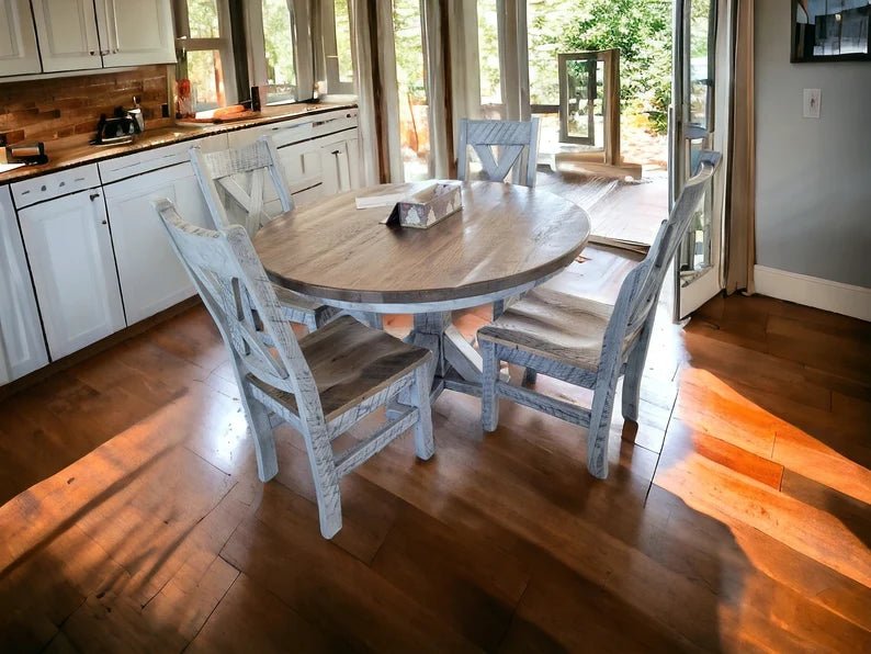 Reclaimed Barnwood Round Dining Table Set – Amish Solid Wood Table with 4 Chairs - 1st Choice Furniture Direct