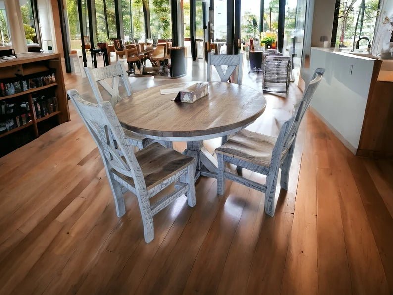Reclaimed Barnwood Round Dining Table Set – Amish Solid Wood Table with 4 Chairs - 1st Choice Furniture Direct
