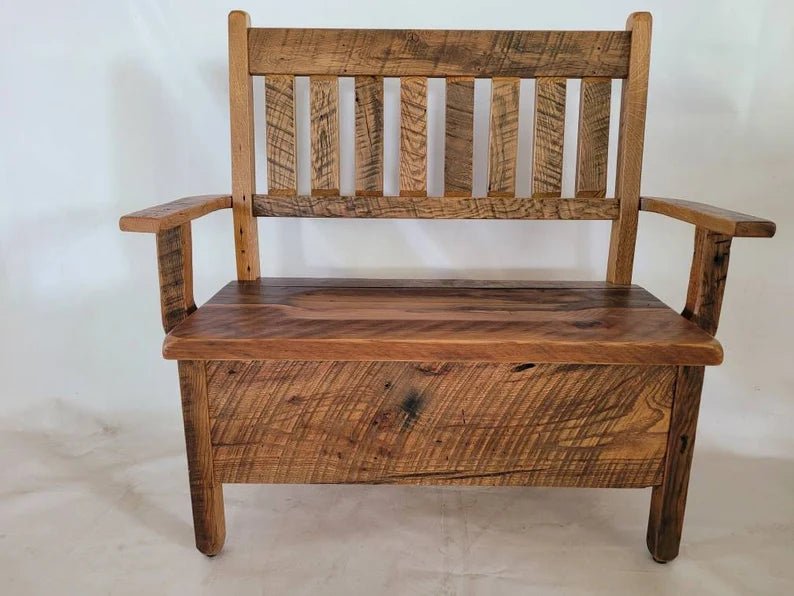 Reclaimed Barnwood Storage Bench | Rustic Entryway Bench with Lift - Top Storage (Made in USA) - 1st Choice Furniture Direct