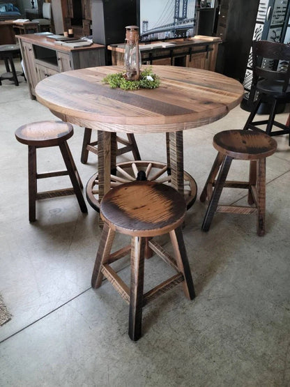 Reclaimed Wagon Wheel Dining Table Set – 48” Round Barnwood Table with 4 Stools - 1st Choice Furniture Direct