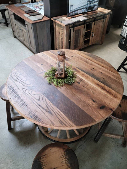 Reclaimed Wagon Wheel Dining Table Set – 48” Round Barnwood Table with 4 Stools - 1st Choice Furniture Direct