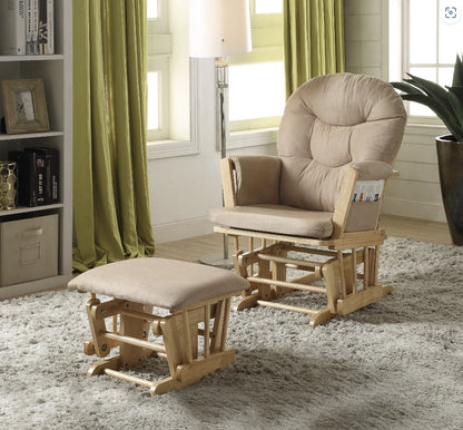 Rehan Taupe Microfiber & Natural Oak FinishGlider Chair with Ottoman - 1st Choice Furniture Direct