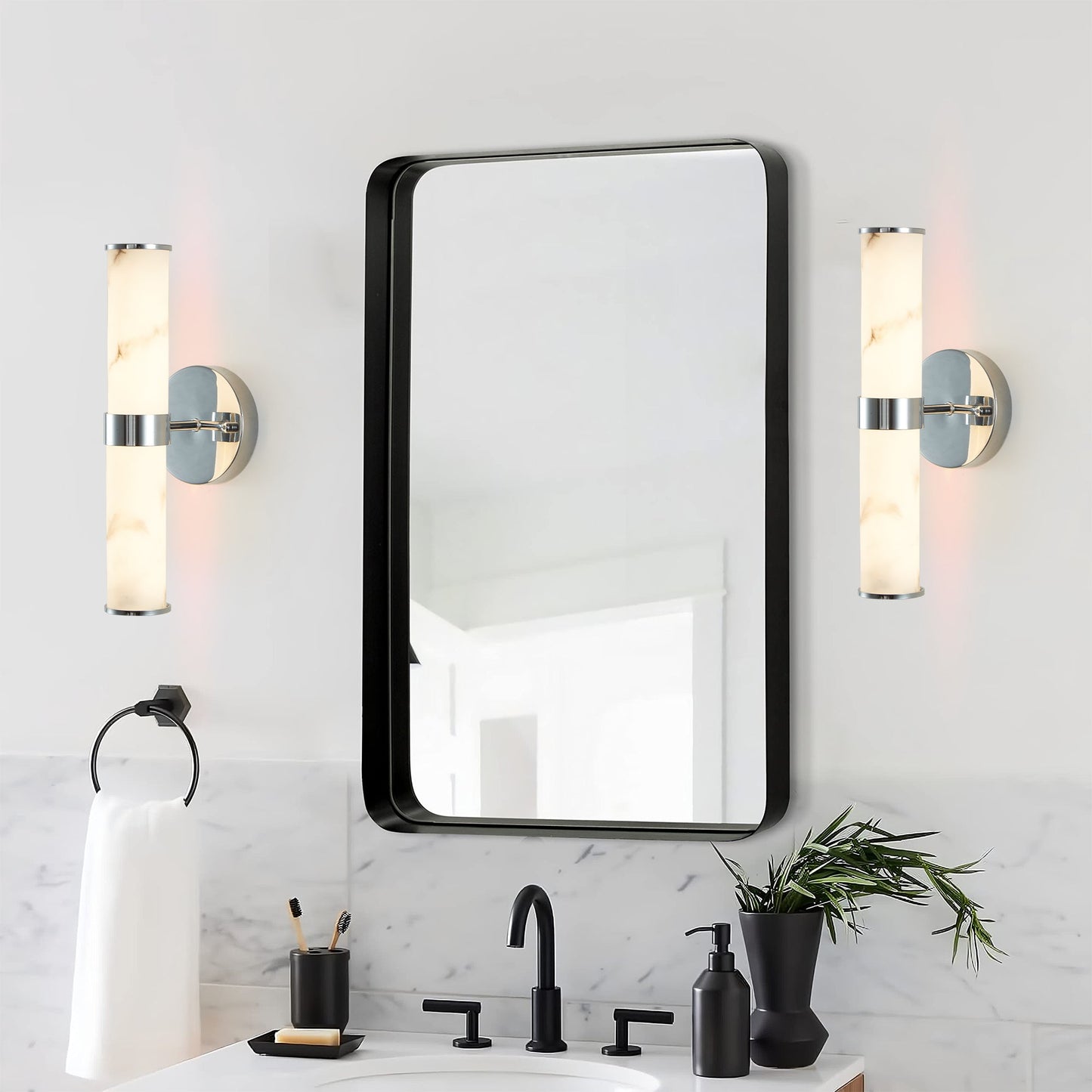 Resin Imitation Marble and Chrome Wall Sconce, Set of 2,Modern Vertical Light Fixture for Bathrooms, Hallways, and Bedrooms (Only Indoor) - 1st Choice Furniture Direct