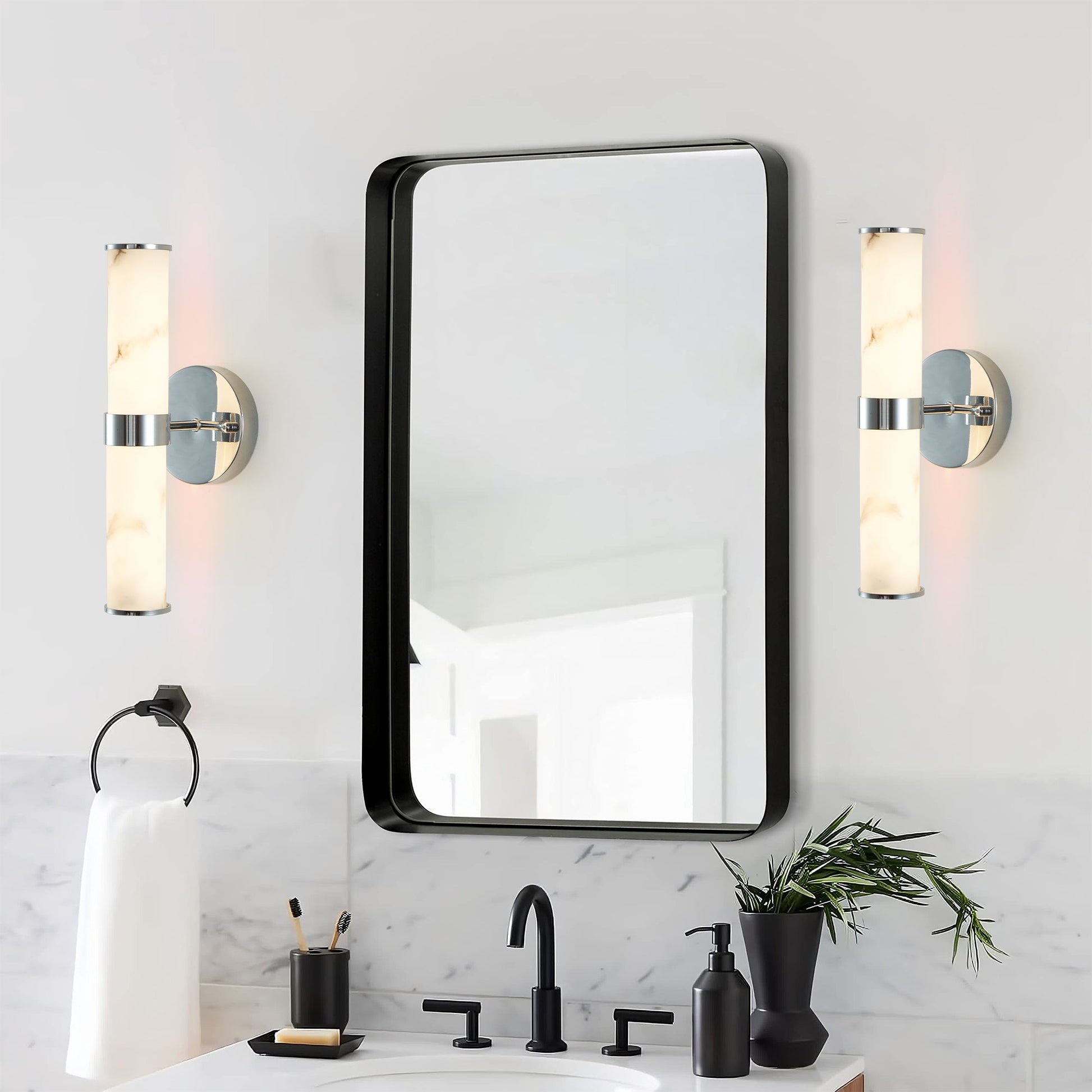 Resin Imitation Marble and Chrome Wall Sconce, Set of 2,Modern Vertical Light Fixture for Bathrooms, Hallways, and Bedrooms (Only Indoor) - 1st Choice Furniture Direct