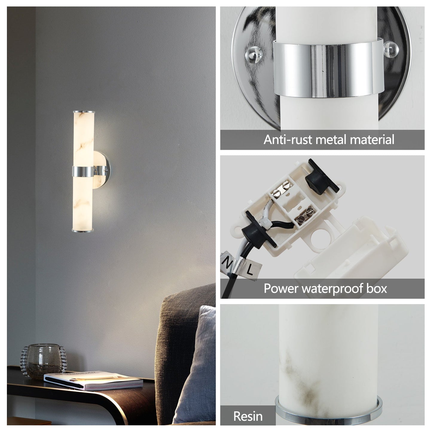 Resin Imitation Marble and Chrome Wall Sconce, Set of 2,Modern Vertical Light Fixture for Bathrooms, Hallways, and Bedrooms (Only Indoor) - 1st Choice Furniture Direct