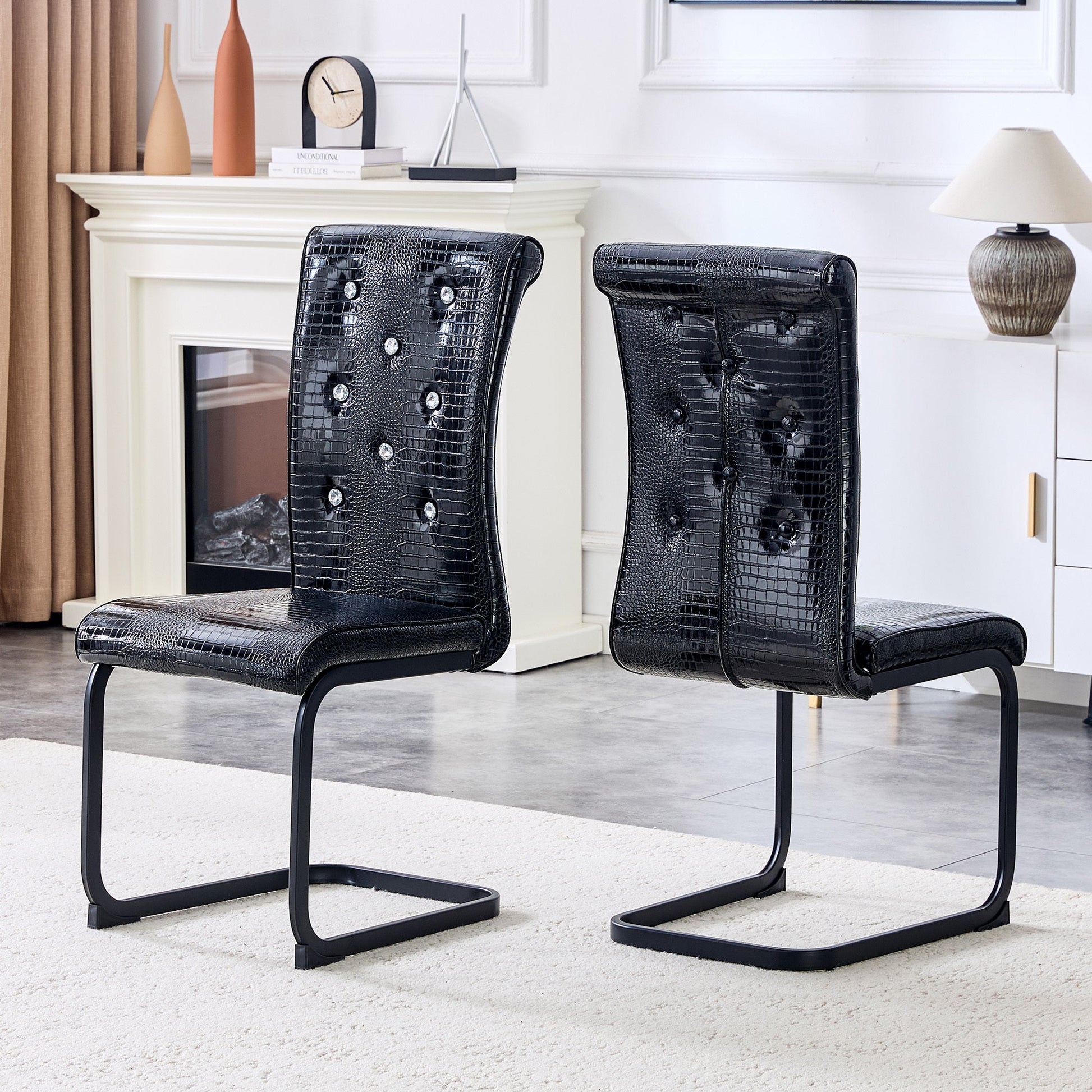 Retro Alligator Skin Upholstered Dining Chairs Set of 2 with Crystal Buckle Design, Black Metal Bow Legs, Faux Leather Finish - 1st Choice Furniture Direct