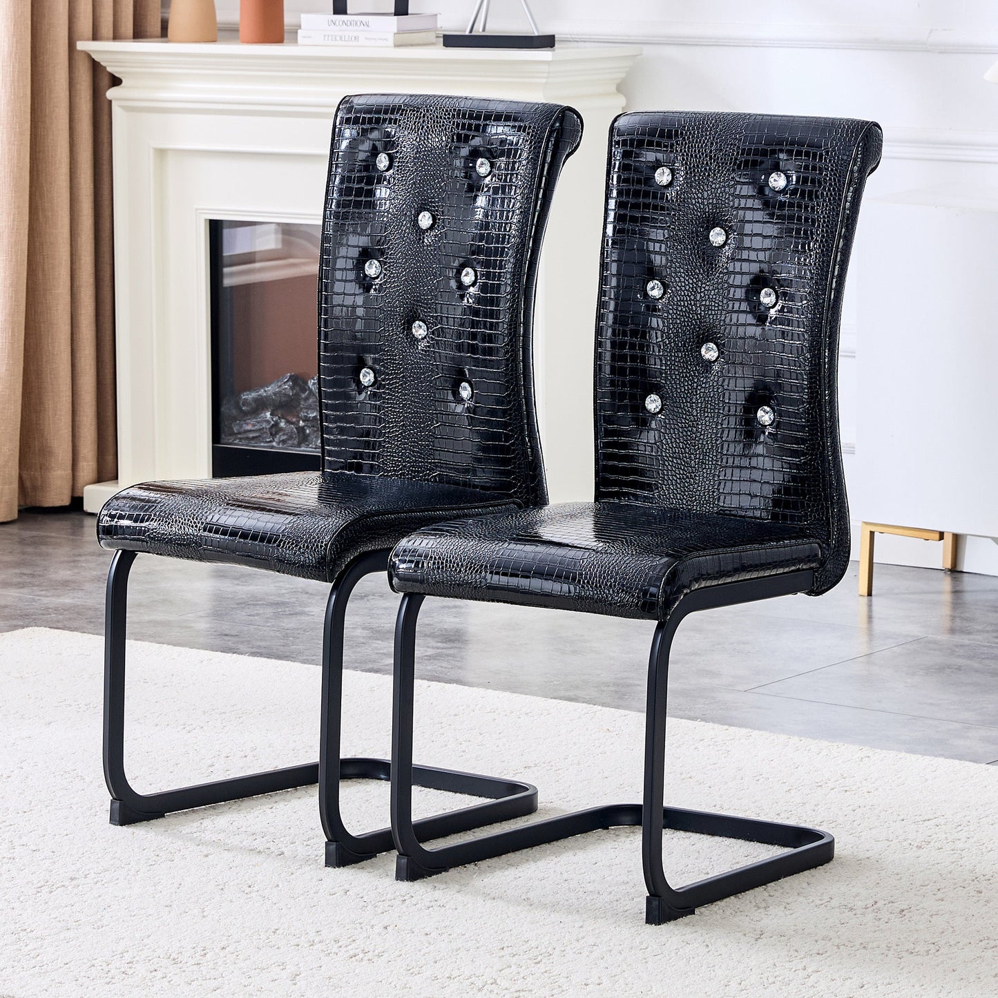 Retro Alligator Skin Upholstered Dining Chairs Set of 2 with Crystal Buckle Design, Black Metal Bow Legs, Faux Leather Finish - 1st Choice Furniture Direct