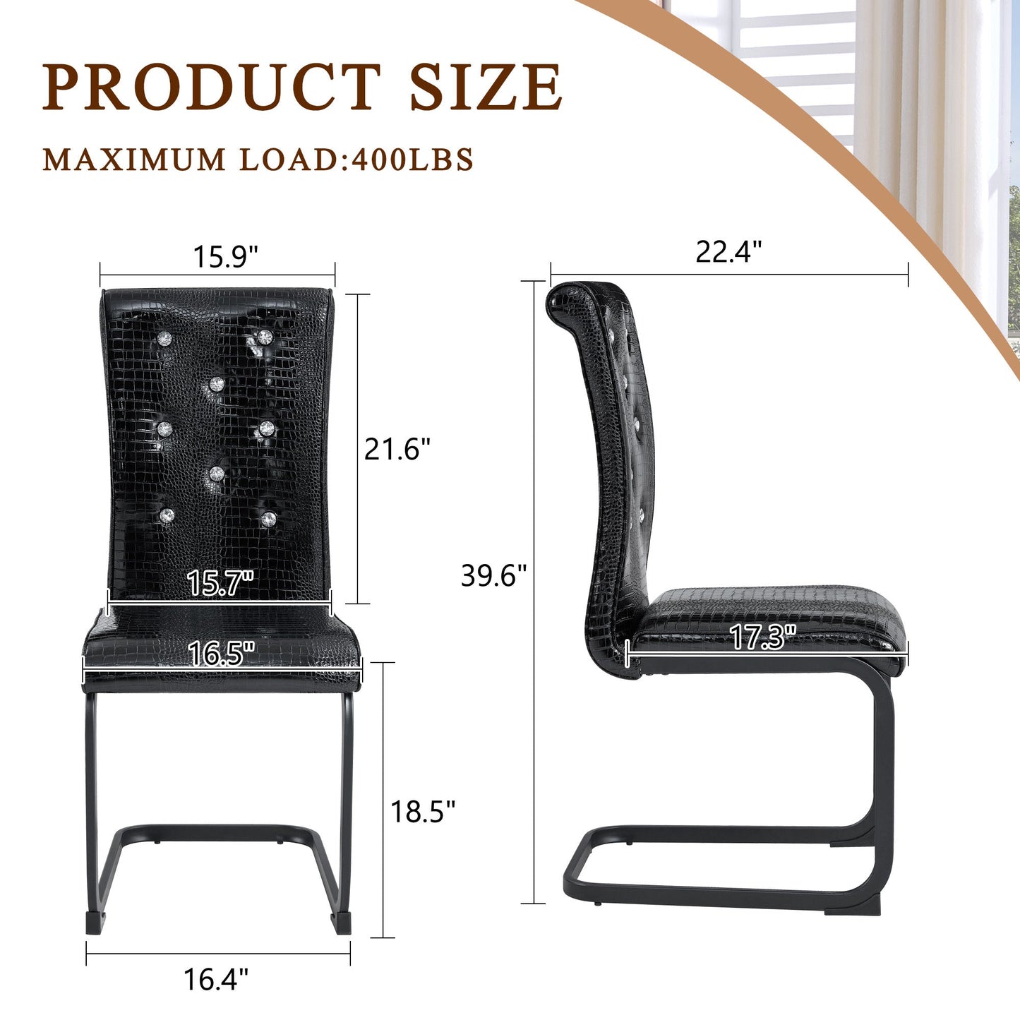 Retro Alligator Skin Upholstered Dining Chairs Set of 2 with Crystal Buckle Design, Black Metal Bow Legs, Faux Leather Finish - 1st Choice Furniture Direct