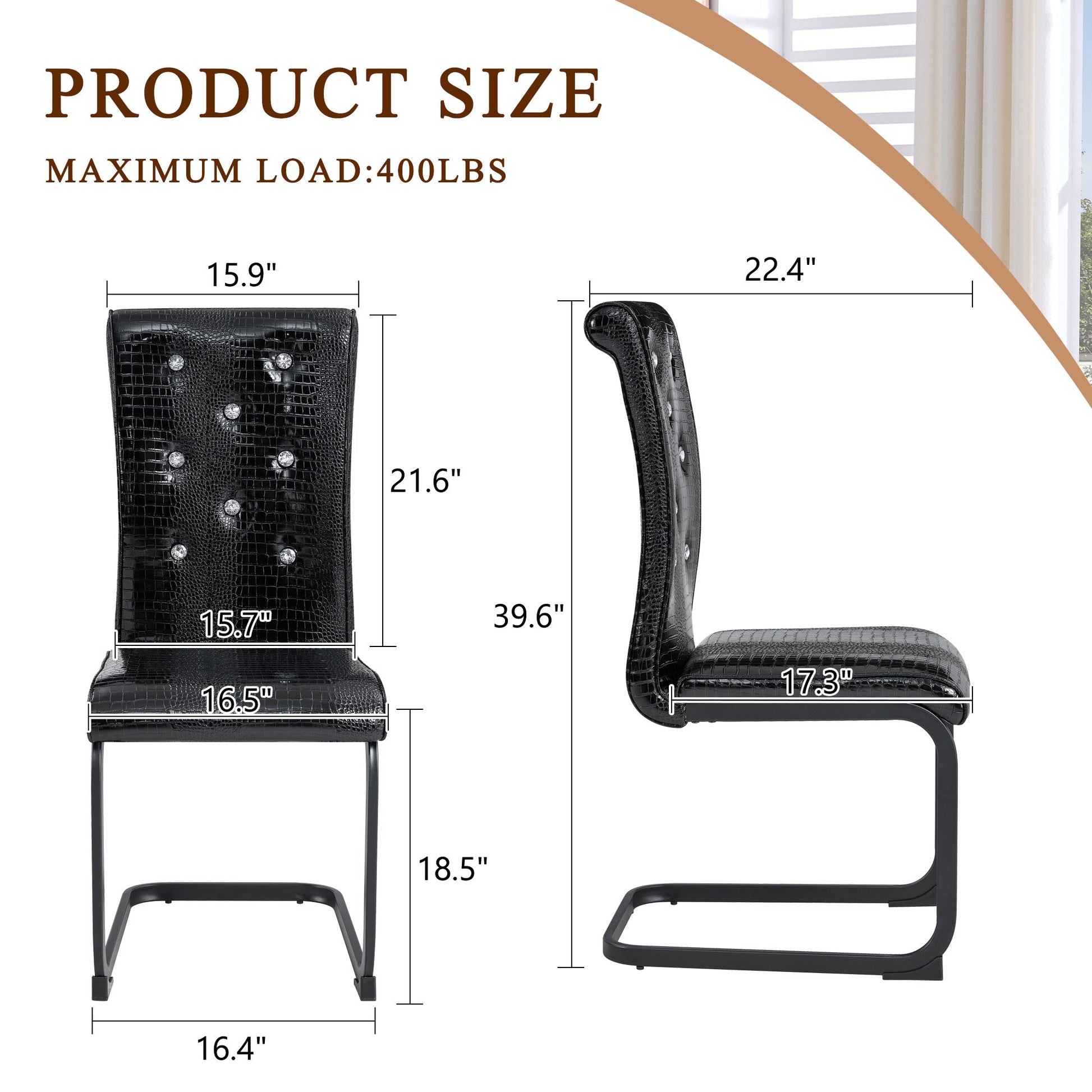 Retro Alligator Skin Upholstered Dining Chairs Set of 2 with Crystal Buckle Design, Black Metal Bow Legs, Faux Leather Finish - 1st Choice Furniture Direct