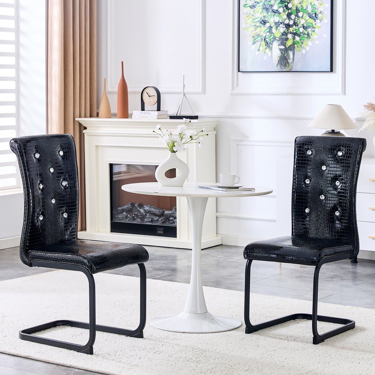 Retro Alligator Skin Upholstered Dining Chairs Set of 2 with Crystal Buckle Design, Black Metal Bow Legs, Faux Leather Finish - 1st Choice Furniture Direct