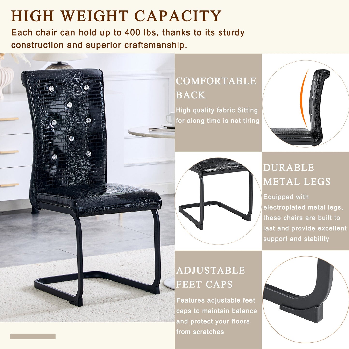 Retro Alligator Skin Upholstered Dining Chairs Set of 2 with Crystal Buckle Design, Black Metal Bow Legs, Faux Leather Finish - 1st Choice Furniture Direct