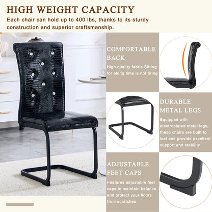 Retro Alligator Skin Upholstered Dining Chairs Set of 2 with Crystal Buckle Design, Black Metal Bow Legs, Faux Leather Finish - 1st Choice Furniture Direct