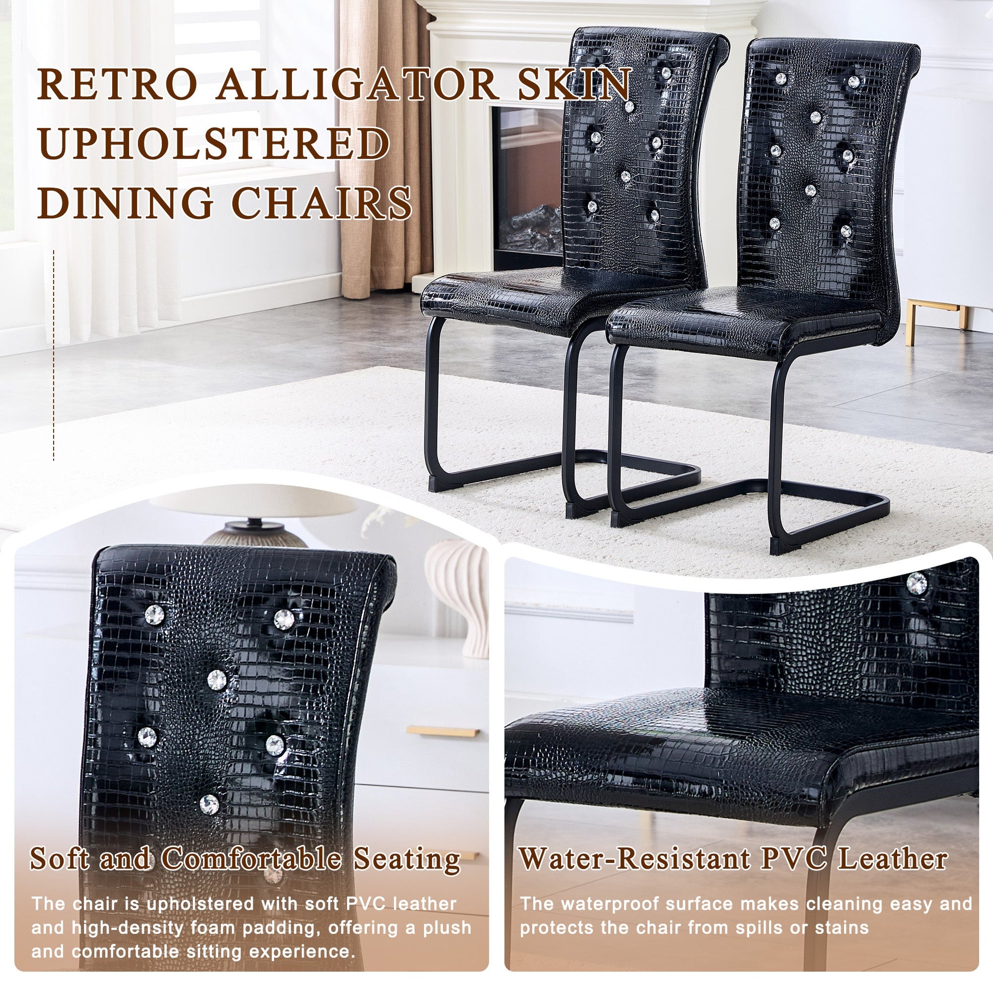 Retro Alligator Skin Upholstered Dining Chairs Set of 2 with Crystal Buckle Design, Black Metal Bow Legs, Faux Leather Finish - 1st Choice Furniture Direct
