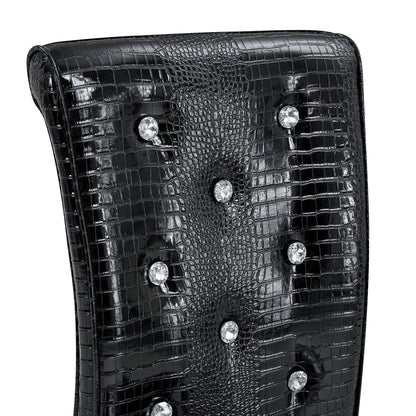Retro Alligator Skin Upholstered Dining Chairs Set of 2 with Crystal Buckle Design, Black Metal Bow Legs, Faux Leather Finish - 1st Choice Furniture Direct