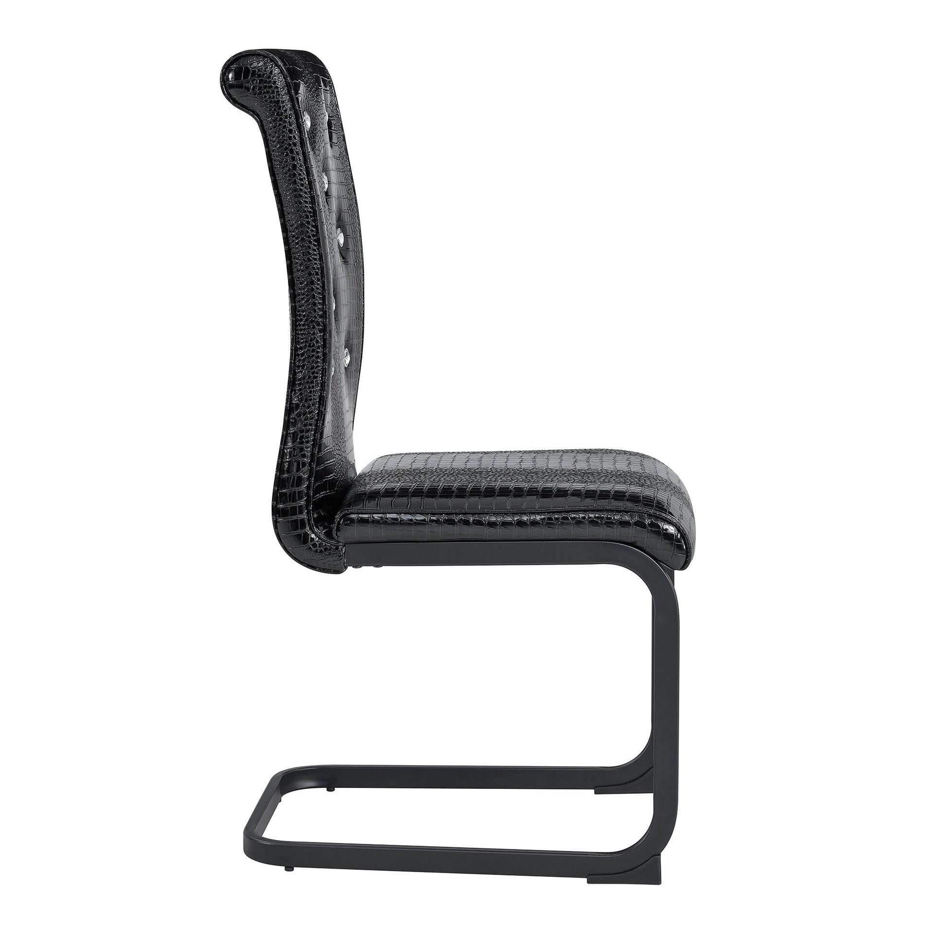 Retro Alligator Skin Upholstered Dining Chairs Set of 2 with Crystal Buckle Design, Black Metal Bow Legs, Faux Leather Finish - 1st Choice Furniture Direct