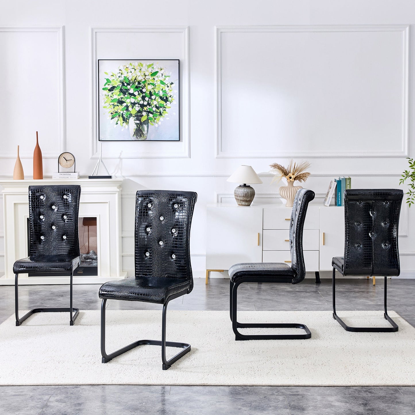 Retro Alligator Skin Upholstered Dining Chairs Set of 2 with Crystal Buckle Design, Black Metal Bow Legs, Faux Leather Finish - 1st Choice Furniture Direct