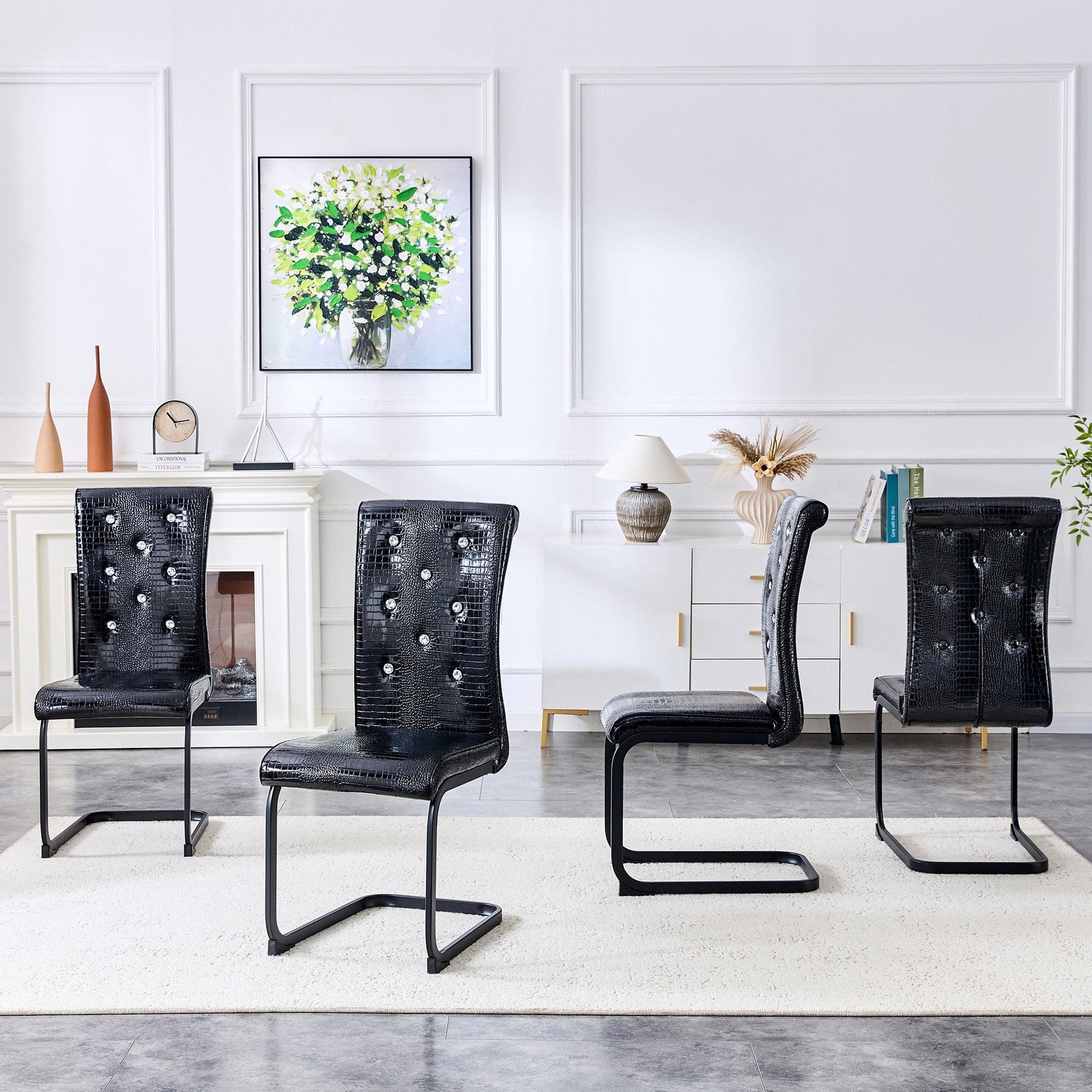 Retro Alligator Skin Upholstered Dining Chairs Set of 2 with Crystal Buckle Design, Black Metal Bow Legs, Faux Leather Finish - 1st Choice Furniture Direct