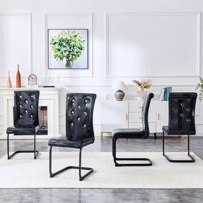 Retro Alligator Skin Upholstered Dining Chairs Set of 2 with Crystal Buckle Design, Black Metal Bow Legs, Faux Leather Finish - 1st Choice Furniture Direct