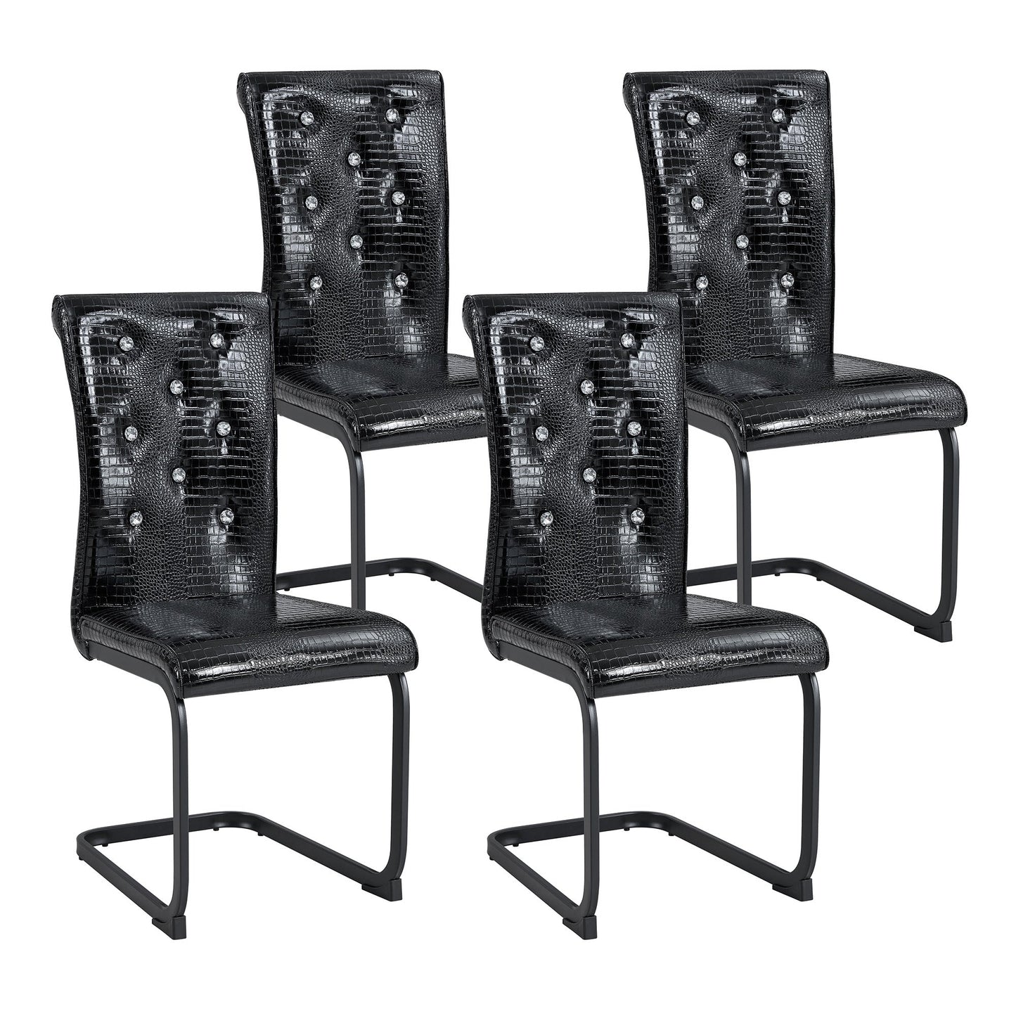 Retro Alligator Skin Upholstered Dining Chairs Set of 2 with Crystal Buckle Design, Black Metal Bow Legs, Faux Leather Finish - 1st Choice Furniture Direct
