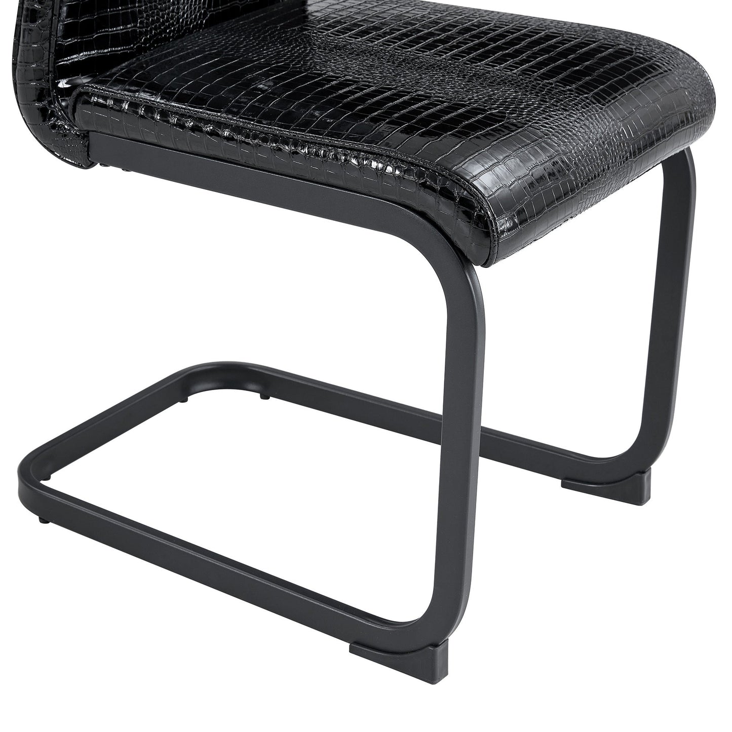 Retro Alligator Skin Upholstered Dining Chairs Set of 2 with Crystal Buckle Design, Black Metal Bow Legs, Faux Leather Finish - 1st Choice Furniture Direct