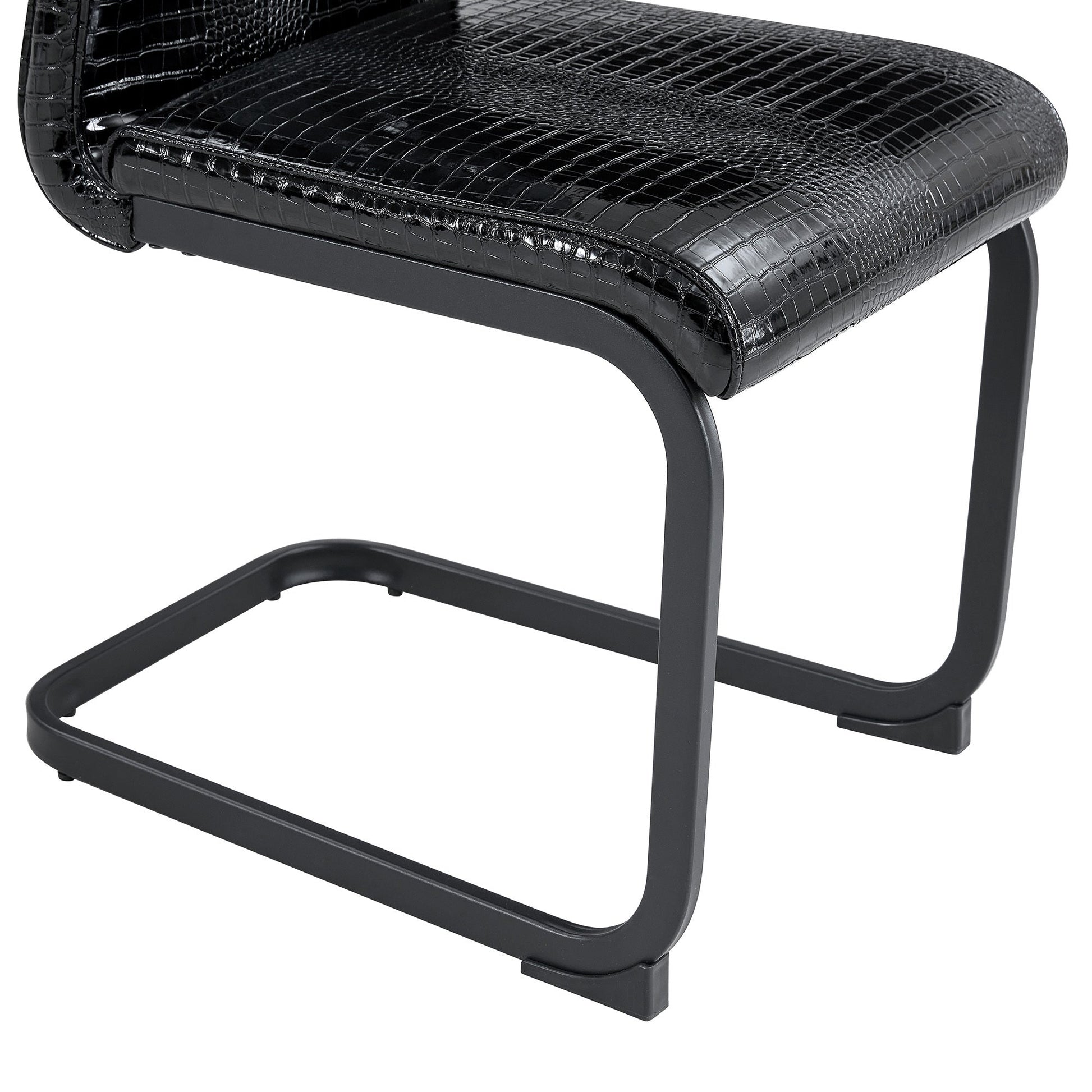 Retro Alligator Skin Upholstered Dining Chairs Set of 2 with Crystal Buckle Design, Black Metal Bow Legs, Faux Leather Finish - 1st Choice Furniture Direct