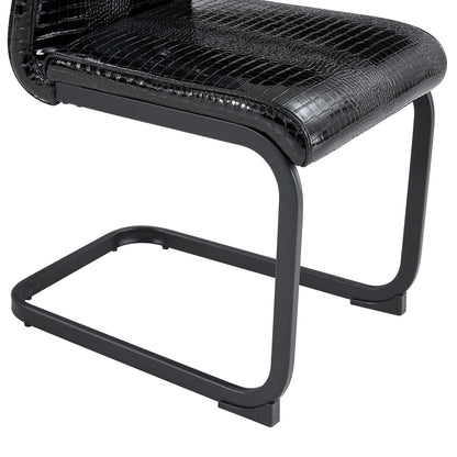 Retro Alligator Skin Upholstered Dining Chairs Set of 2 with Crystal Buckle Design, Black Metal Bow Legs, Faux Leather Finish - 1st Choice Furniture Direct