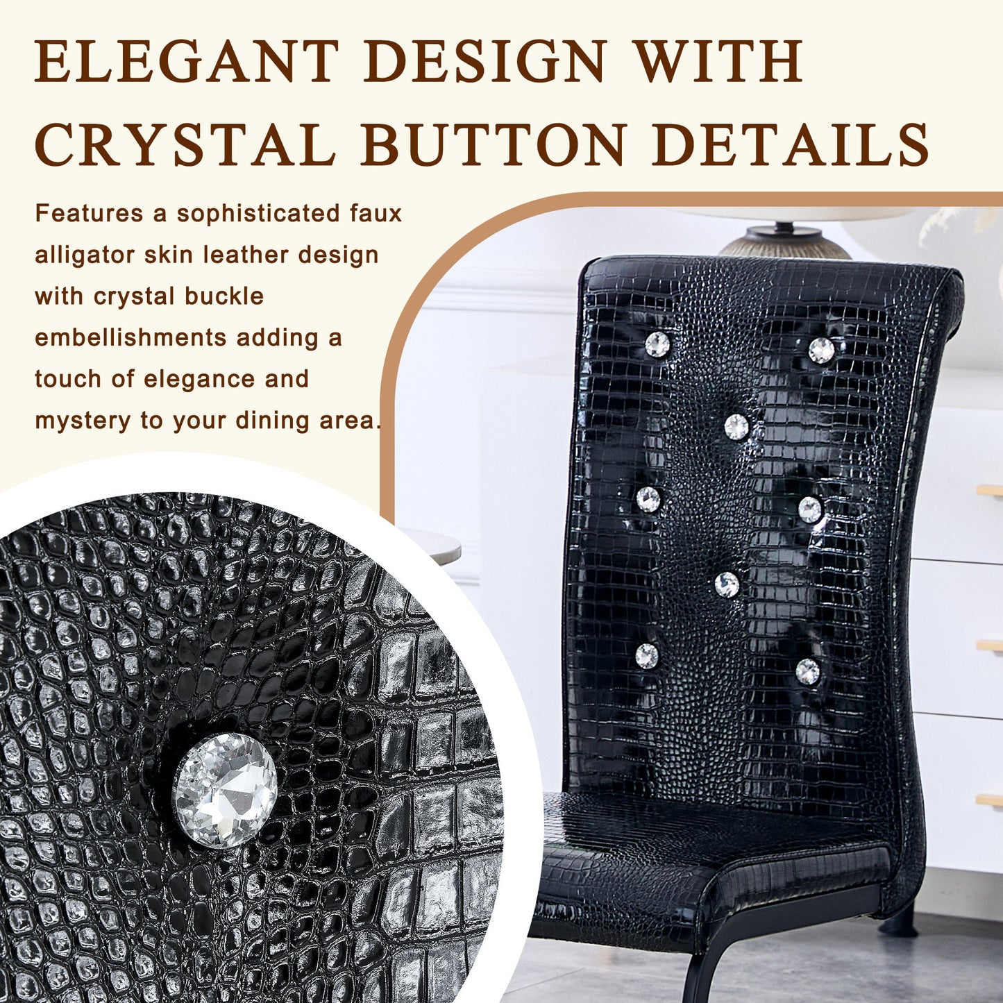 Retro Alligator Skin Upholstered Dining Chairs Set of 2 with Crystal Buckle Design, Black Metal Bow Legs, Faux Leather Finish - 1st Choice Furniture Direct