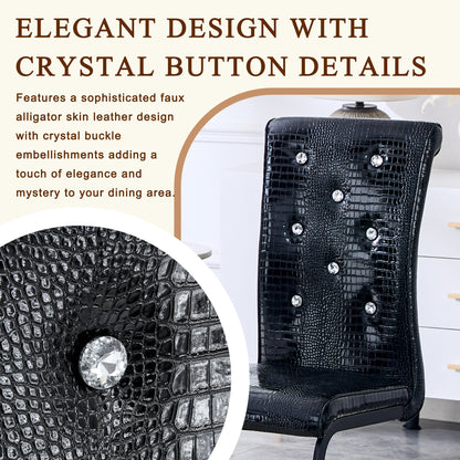 Retro Alligator Skin Upholstered Dining Chairs Set of 2 with Crystal Buckle Design, Black Metal Bow Legs, Faux Leather Finish - 1st Choice Furniture Direct