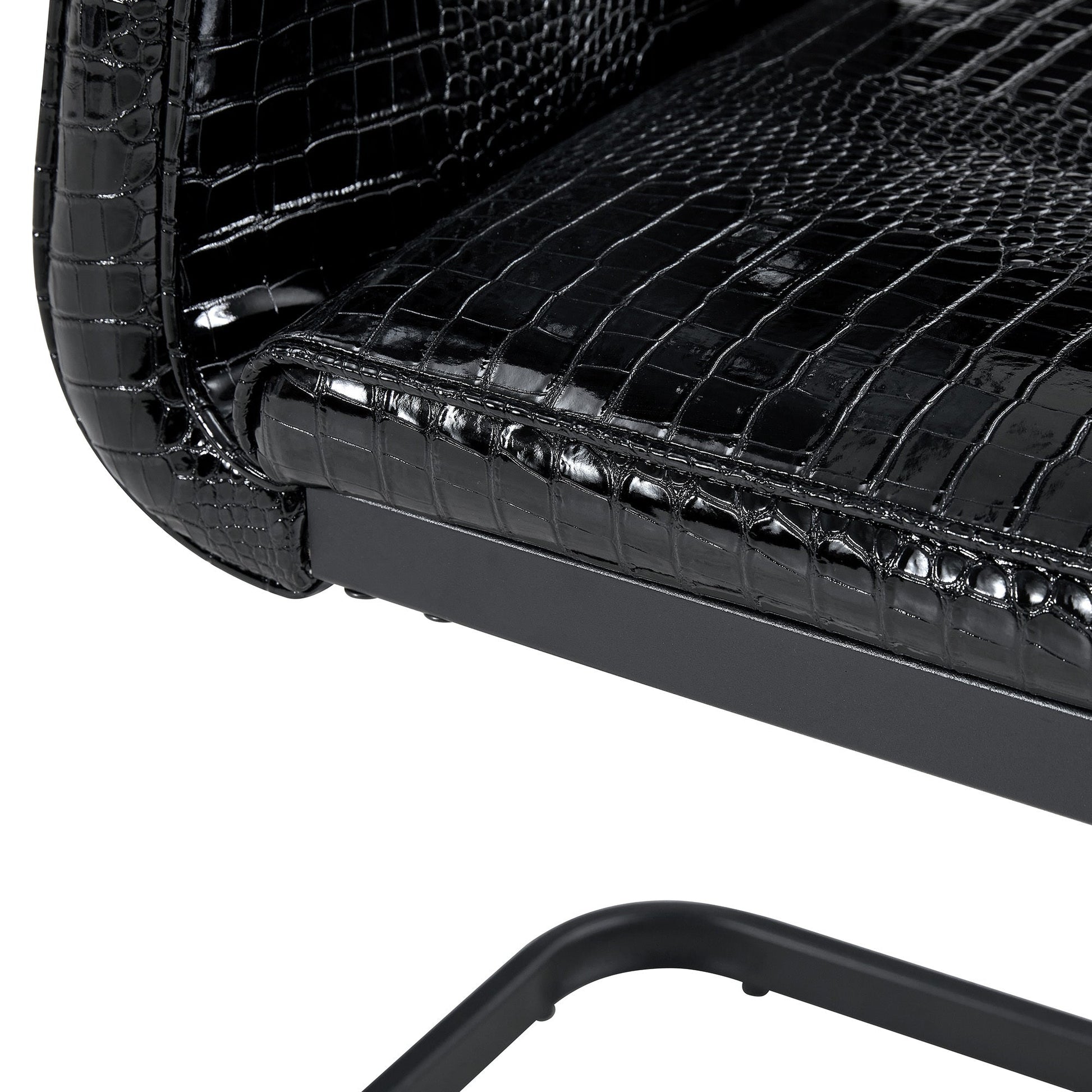 Retro Alligator Skin Upholstered Dining Chairs Set of 2 with Crystal Buckle Design, Black Metal Bow Legs, Faux Leather Finish - 1st Choice Furniture Direct