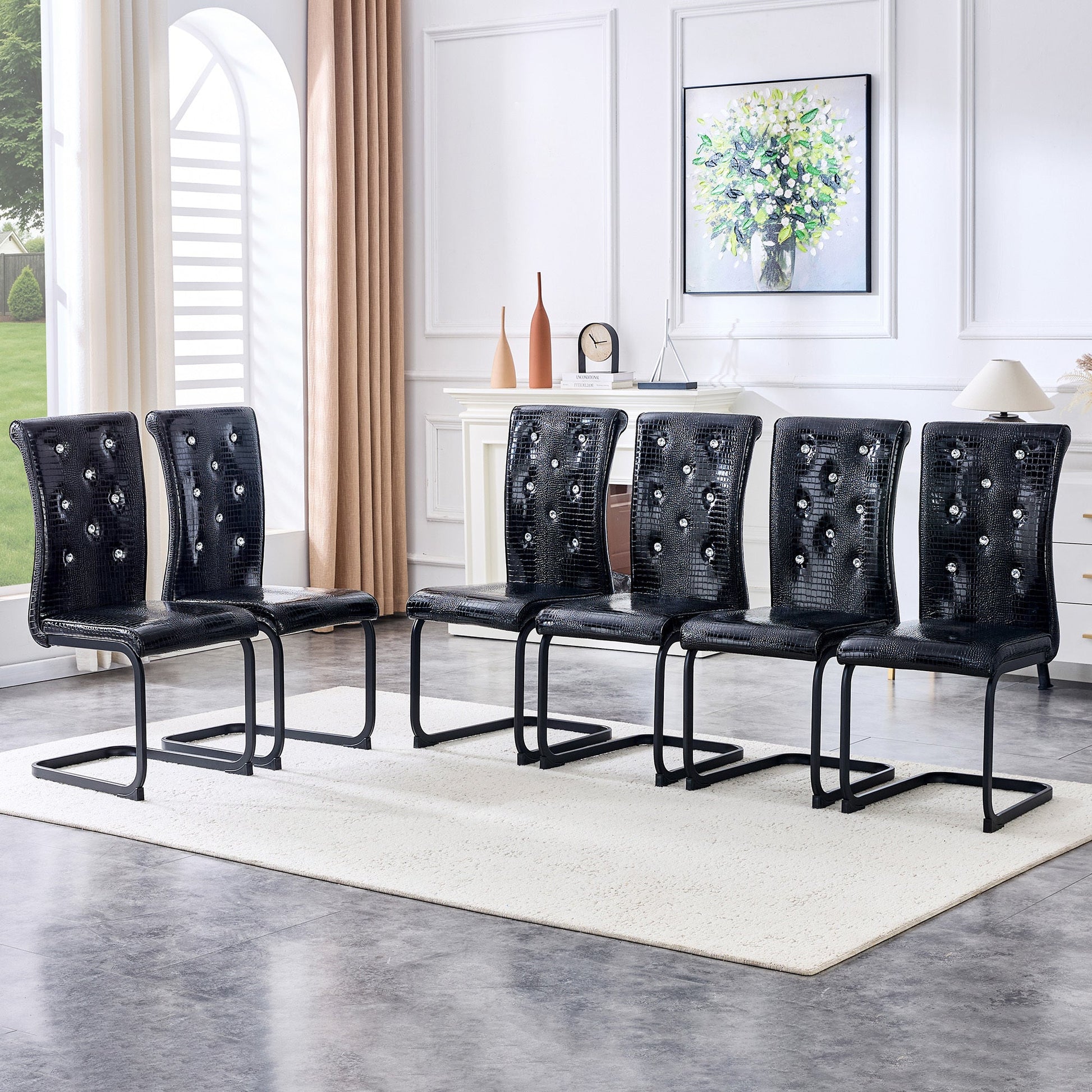 Retro Alligator Skin Upholstered Dining Chairs Set of 2 with Crystal Buckle Design, Black Metal Bow Legs, Faux Leather Finish - 1st Choice Furniture Direct